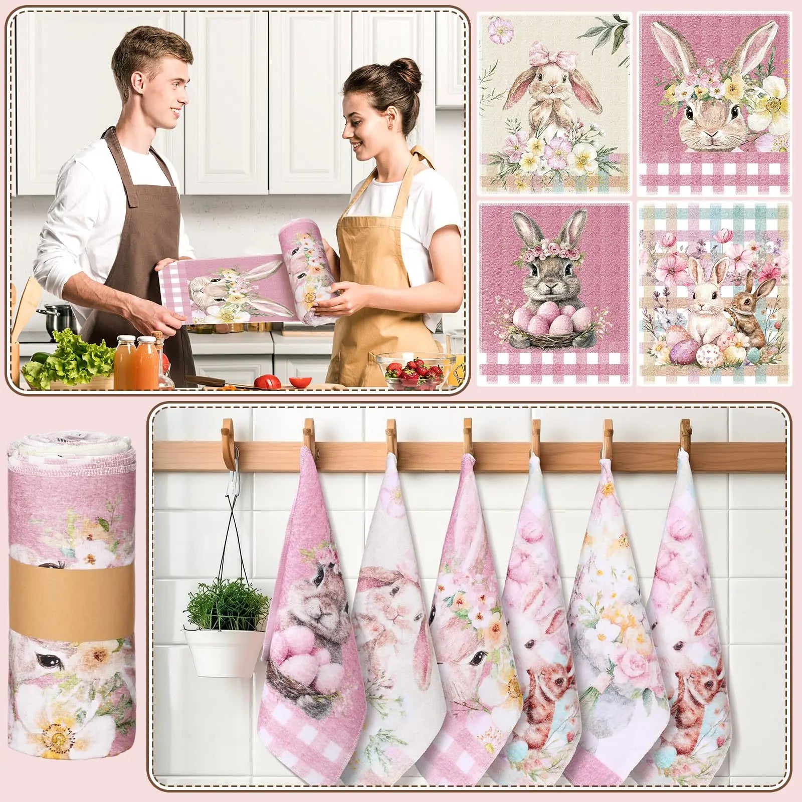 Easter Bunny Reusable Paper Towels 50/30/36Pcs Spring Home Paperless Kitchen Dish Cloths Rabbit Floral Easter Egg Unpaper Hand Towels Absorbent Cotton Sustainable Eco-Friendly Towels Vintage Floral Wipes for Kitchen Cleaning Housewarming Gift Household